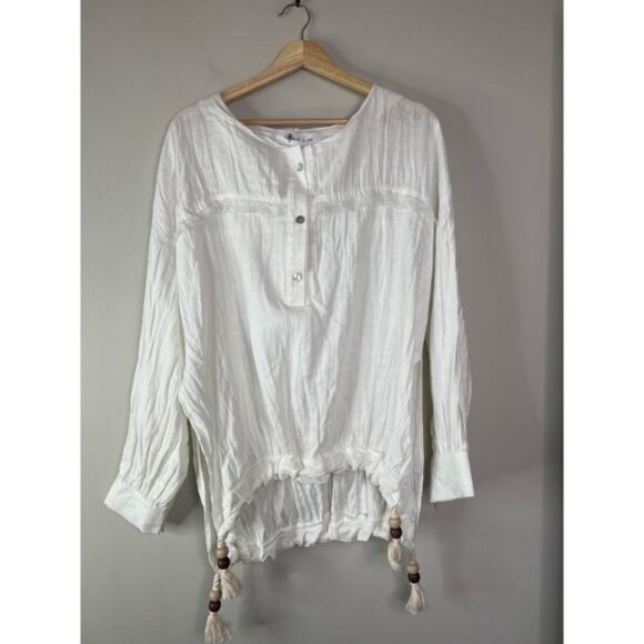 NWT Just Bee Queen Thea Oyster Off White Long Sleeve 100% Linen Top Size: Large - Picture 2 of 7